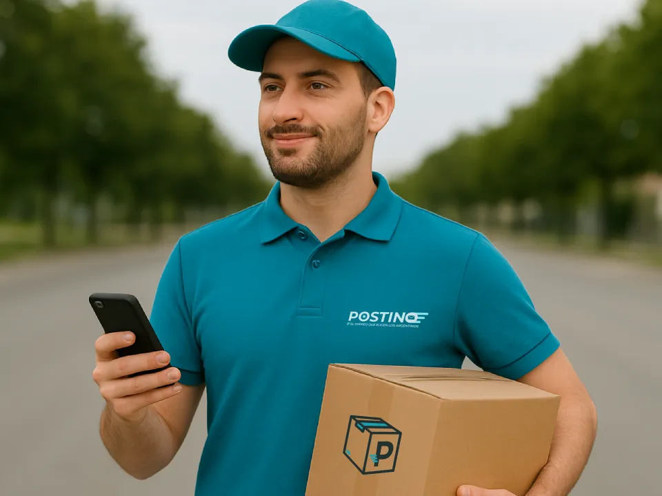 Fotografía representativa del Servicio de Envío Flex de Postino. En la misma se observa a un operario sosteniendo una caja y un celular, mientras busca al receptor de la entrega.